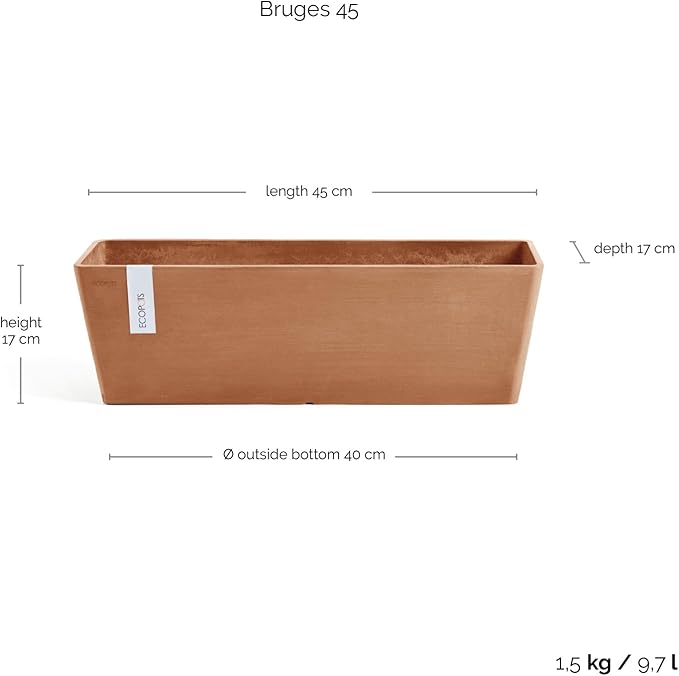 Ecopots Bruges Durable Modern Rectangular Indoor/Outdoor Recycled-Based Composite Flower Pot Planter, Terracotta Color, 17.75"