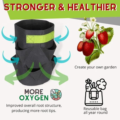 247Garden 5-Gallon Strawberry Fabric Pot +8 Mini Pockets w/Green Handles (260GSM, Black, 15H X 10D)