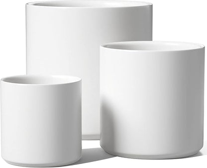 LE TAUCI Ceramic Pots for Plants, 10/8/6 Inch Indoor Planters with Draiange Hole, Silicone Plug & Mesh Pad, Modern Minimalist Pots for Home Office, Set of 3, Satin, White