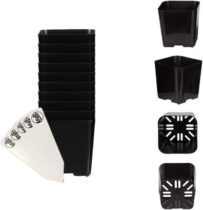 The Hydroponic City Black Square Flower Nursery Pots for Starting Seedlings, Succulents, or Cacti - 2" x 2", Pack of 10 + 5 THCity Stakes