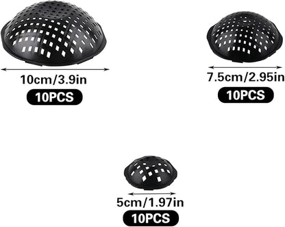 30 PCS Flower Pot Hole Mesh Pad, 3 Assorted Sizes Semi-Arc Plastic Planter Bottom Drainage Mats for Bonsai Plant, Succulents, Potting, Breathable Gasket Prevent Clogging and Soil Loss, Black