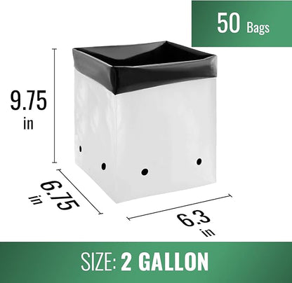 Grow1 2 Gallon Grow Bags for Plants (50 Pack) Black and White Poly Bags for Plants Perfect for Plant Nursery Bags, Seedling Bag & Greenhouse Grow Bags, PE 2 Gallon Plastic Grow Bags