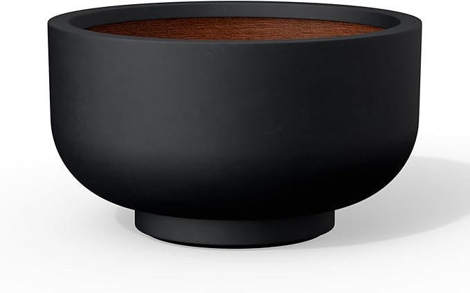 Kante 13.8 Inch Dia Concrete Bowl Planter, Large Tapered Bottom Plant Pot with Drainage, Smooth Black Finish with Painted Interior, Ideal for Porch, Home, Garden, Patio