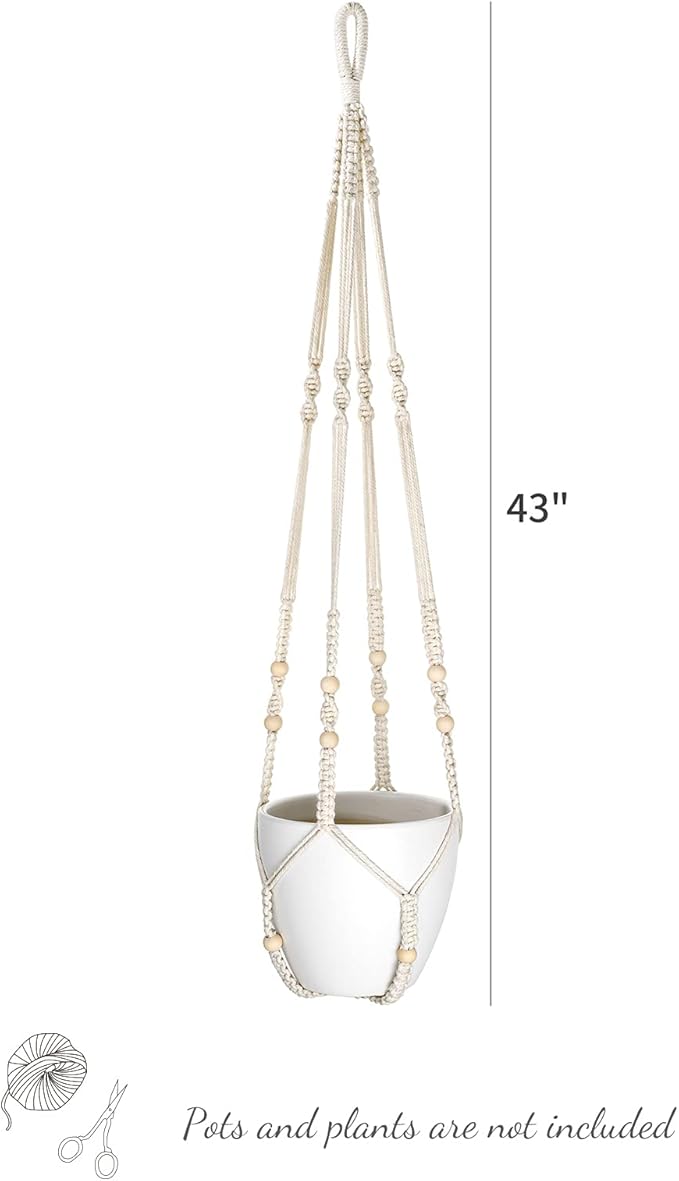 Mkono 43 Inch Macrame Plant Hanger and Ceiling Hooks, Extra Long Hanging Plant Holder No Tassels Hanging Planter Basket with Wood Beads for Indoor Outdoor Boho Home Decor, Ivory