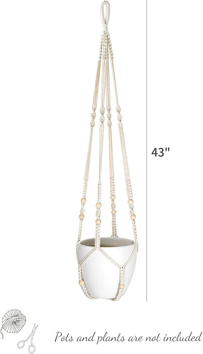 Mkono 43 Inch Macrame Plant Hanger and Ceiling Hooks, Extra Long Hanging Plant Holder No Tassels Hanging Planter Basket with Wood Beads for Indoor Outdoor Boho Home Decor, Ivory