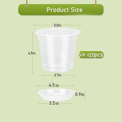 20 Pack 5 Inch Clear Nursery Pots,Plastic Transparent Plant Pot with Drainage Holes and Saucers,Plant Pot Seed Starter Pots for Succulents (5 Inch)