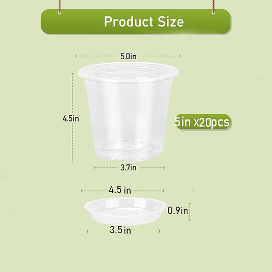 20 Pack 5 Inch Clear Nursery Pots,Plastic Transparent Plant Pot with Drainage Holes and Saucers,Plant Pot Seed Starter Pots for Succulents (5 Inch)