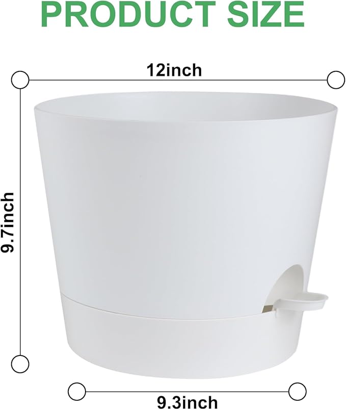 12 Inches Indoor Self Watering Planters with Drainage Holes and Saucers, 4 Pack (White)