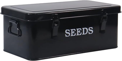 Seed Saving Box, Metal Seed Bin, Seed Storage Organizer, Seed Packet Container with Lid, Seed Envelope Storage Box, 4 Compartments Garden Seed Bin with Safety Locks-Black