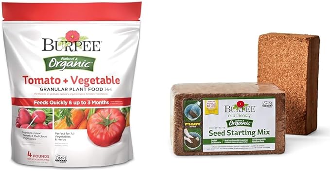Burpee Organic Tomato & Vegetable Granular Plant Food, 4 lb & Organic Coconut Coir Concentrated Seed Starting Mix, 16 Quart