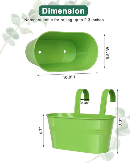 Metal Railing Planter for Outdoor Plants - 3 Pack Balcony Hanging Planter Box with Detachable Hooks and Drain Holes Oval Hanging Pots Fence Planters for Railing Garden Fence, Green Yellow Blue