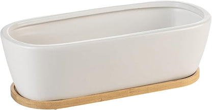 MyGift 14 Inch Oval Modern Matte White Ceramic Succulent Planter Pot with Drainage Hole and Removable Bamboo Saucer, Decorative Indoor House Plant Container for Flowers, Cactus, Herbs