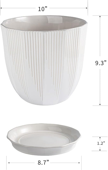 ADN 10 Inch Ceramic Planter Pot with Drainage Hole and Saucer,Large Round Plant pots for Indoor Outdoor Plants,Modern Flower pots, White