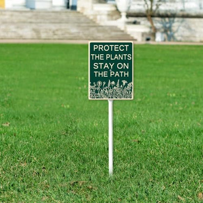 FemiaD Protect The Plants Stay On The Path Yard Sign with Stake 4.6x6inch Sturdy Aluminum Rustproof Outdoor Lawn Decor for Garden Front Door Outdoor Use Easy to Install