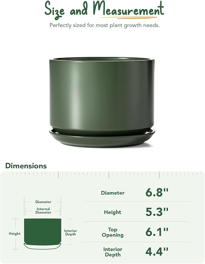 LE TAUCI Ceramic Pots for Plants, 6.8 Inch Plant Pots with Drainage Hole & Saucer, Modern Planter for Indoor Plants, Stable & Durable, Perfect for Living Room or Office Decor, Forest Green