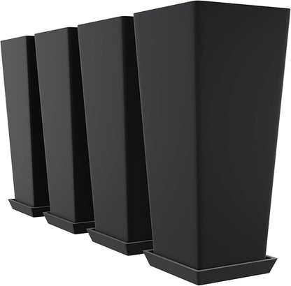 Set of 4 24" Tall Plastic Planters with Trays, Large Tapered Plant Pots for Indoor Outdoor Use, Modern Decorative Planters for Porch, Patio, Garden, and Backyard