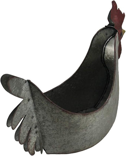 Zeckos Rustic Galvanized Grey Metal Rooster Planter - Farmhouse Inspired Indoor and Outdoor Country Garden Decor Accent Piece with Vintage Charm - 15 Inches Long