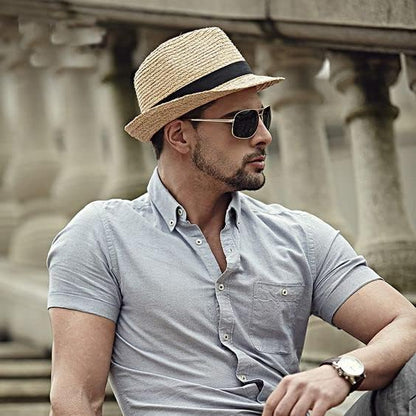 DRESHOW Women Straw Panama Hat Travel Fedora Beach Sun Hat Summer Wide Brim Straw Roll up Hat UPF 50+