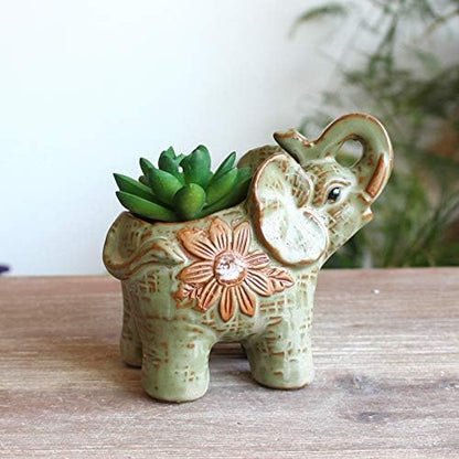 Cute Animal Elephant Shaped Ceramic Succulent Cactus Air Plant Flower Pots Planters-Plant Not Included (Green)