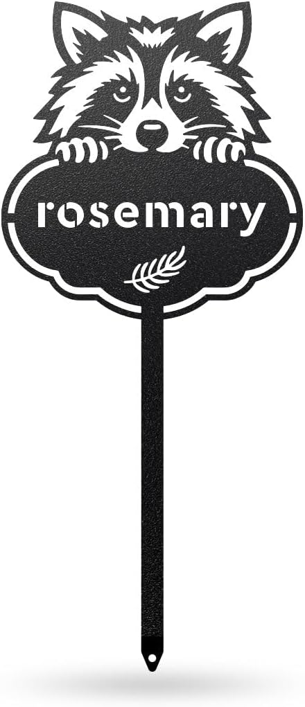 RealSteel Rocky The Raccoon Plant Markers – Cute Metal Garden Labels for Herbs & Vegetables | Outdoor Steel Plant Stakes for Garden, Greenhouse & Raised Beds | Gardening Gift | USA (ROSEMARY-B-6X13)