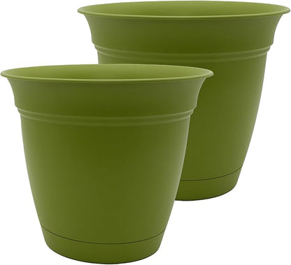 The HC Companies 16 Inch Eclipse Round Planter Pots with Drainage Holes & Attached Saucer, Lightweight UV-Resistant Plastic Indoor Outdoor Planters, 2-Pack Flower Pots for Garden & Home Decor, Peridot