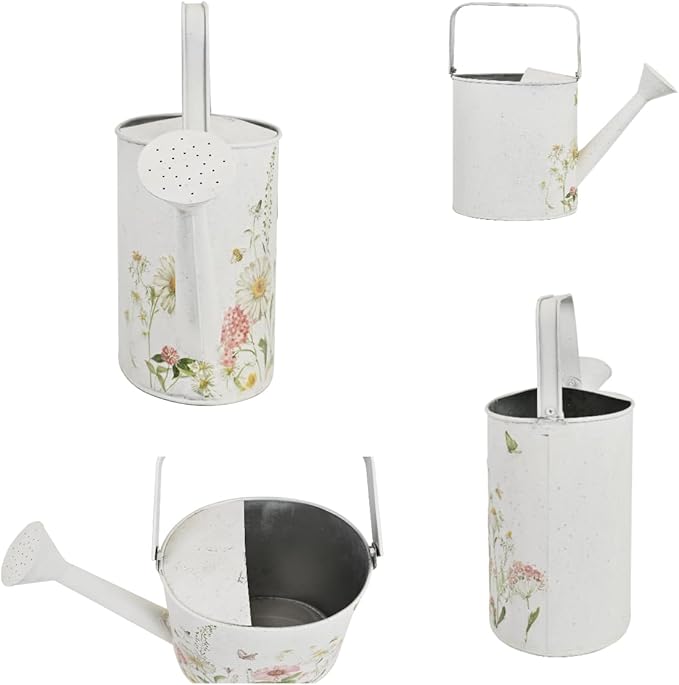 Vintage Floral Metal Watering Can for Indoor/Outdoor Plants, White Functional Garden Waterer with Long Spout, Garden Water Pot Rustic Decor for Home Garden Patio