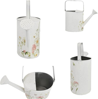 Vintage Floral Metal Watering Can for Indoor/Outdoor Plants, White Functional Garden Waterer with Long Spout, Garden Water Pot Rustic Decor for Home Garden Patio