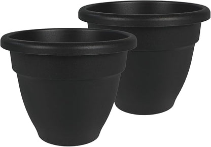 The HC Companies 10 Inch Caribbean Planter Pots with Drainage & Plug, Rolled Rim Plastic Planters for Indoor & Outdoor Plants, 2-Pack Decorative Flower Pots for Garden, Office & Home Decor, Black