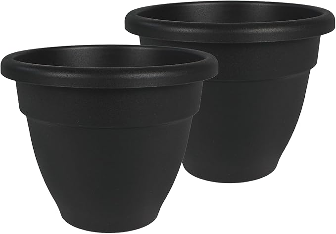 The HC Companies 12 Inch Caribbean Planter Pots with Drainage & Plug, Rolled Rim Plastic Planters for Indoor & Outdoor Plants, 2-Pack Decorative Flower Pots for Garden, Office & Home Decor, Black