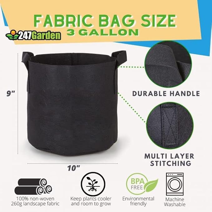 247Garden 5-Pack 3-Gallon Aeration Fabric Pot/Plant Grow Bag w/Handles (260 GSM, Black, 9H x 10D)