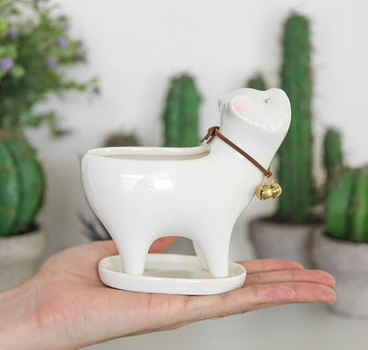 Ceramic Succulent Plant Pot Cactus Plant Pot Flower Pot Container Planter with Drainage Hole Home Office Desk Garden Gift Idea Animal Shaped Flower Pot Cute Vase Pot (White Cat)