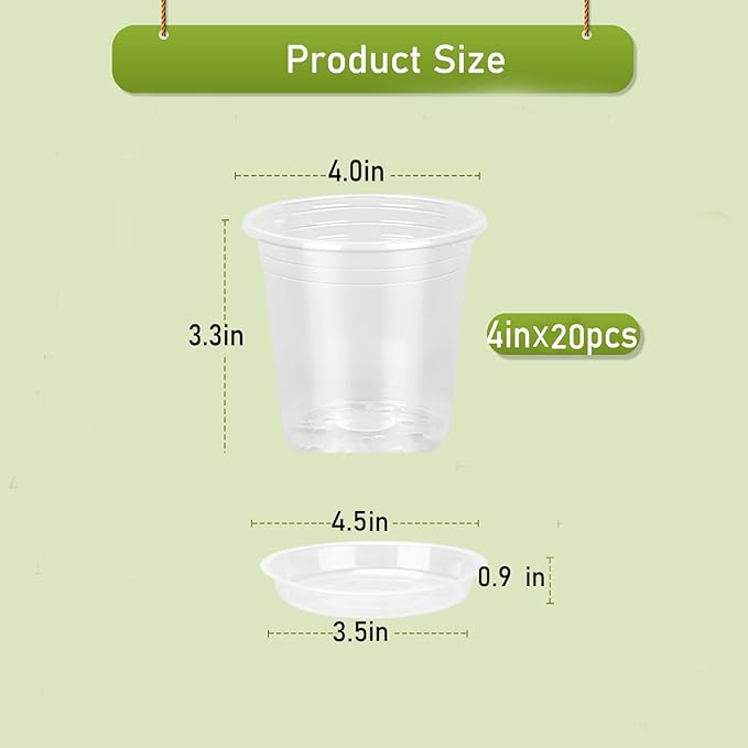 20 Pack 4 Inch Clear Nursery Pots,Plastic Transparent Plant Pot with Drainage Holes and Saucers,Plant Pot Seed Starter Pots for Succulents (4 Inch)