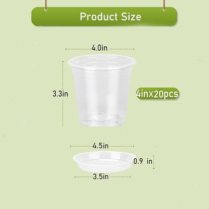 20 Pack 4 Inch Clear Nursery Pots,Plastic Transparent Plant Pot with Drainage Holes and Saucers,Plant Pot Seed Starter Pots for Succulents (4 Inch)