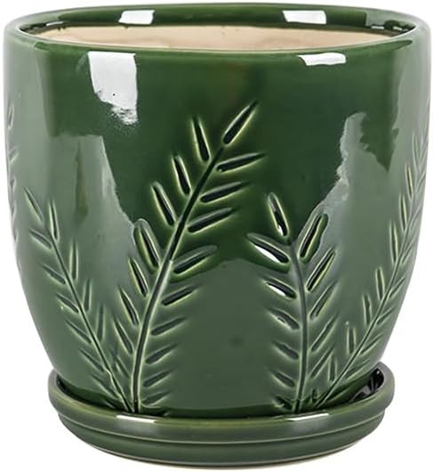 Aspen & Fig 8 Inch Indoor Ceramic Plant Pot with Drainage Hole and Attached Saucer, Emerald, Modern, Geometric, Perfect for House Plants, Herbs, Flowers, Succulents