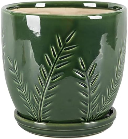 Aspen & Fig 8 Inch Indoor Ceramic Plant Pot with Drainage Hole and Attached Saucer, Emerald, Modern, Geometric, Perfect for House Plants, Herbs, Flowers, Succulents