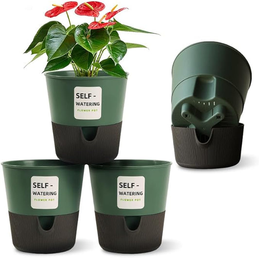 5/6.5/7.5 Inch Self Watering Pots for Indoor/Outdoor ,4 Pack plastic Planters for Indoor Plants with Drainage Holes and Saucers, Modern Decorative Flower Pot for Plants (Green, 7.5-Inch, 4-Pack)