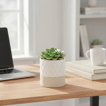 Nihow Self Watering Plant Pot: 4.5 Inch Ceramic Planter with Drainage Hole & Water Storage Plus for Indoor & Outdoor Plants - Cylinder Flower Pot for Herbs/Violets - Cream White & Brown Net