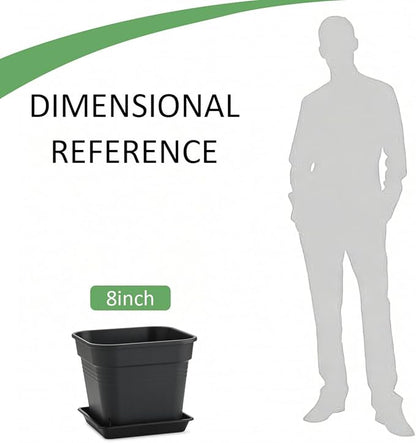 8'' Square Planters with Trays - 6 Pack Heavy Duty Plastic Plant Pots, 24 Strip Drainage Holes for Root Aeration & Prevention of Root Rot, Raised Bottom Airflow Center, BPA-Free Black Flower Pots