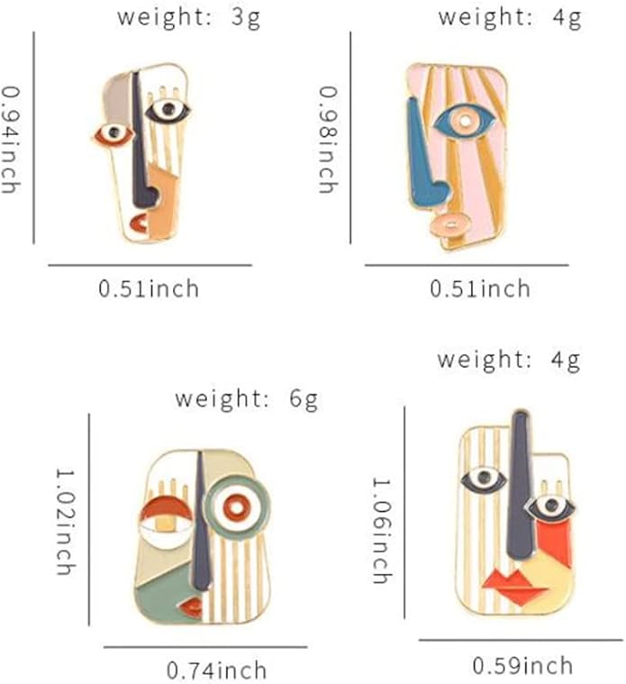 4Pcs Art Mask Enamel Pin Brooch Individual Metal Badge Lapel Pin Abstract Face Mask Pin Set Collar Pin Fashion Jewelry Clothes Bag Accessories