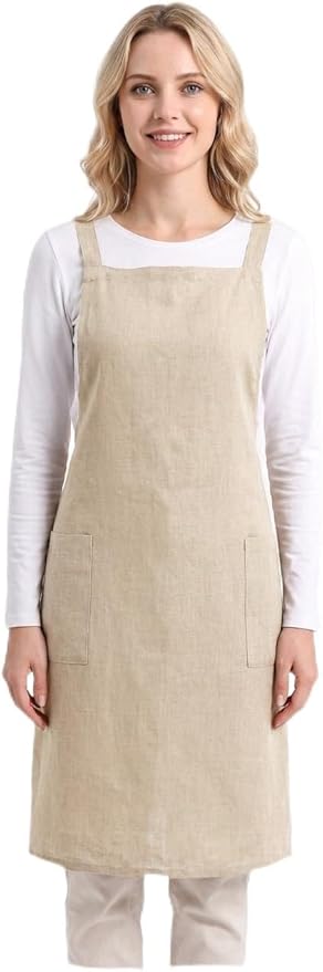 Pure Linen Cross Back Apron Dress, Adjustable Waist & 2 Pockets. Unisex Kitchen & Server Apron, 26.5"x33.5".