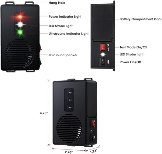 Ultrasonic Rodent Repellent for Car Engine - Battery Powered Under Hood Animal Repeller with Flashing Strobe Light, Keeps Rats and Mice Away from Vehicle, Automobile, Truck, Garage, Attic, Pack of 2