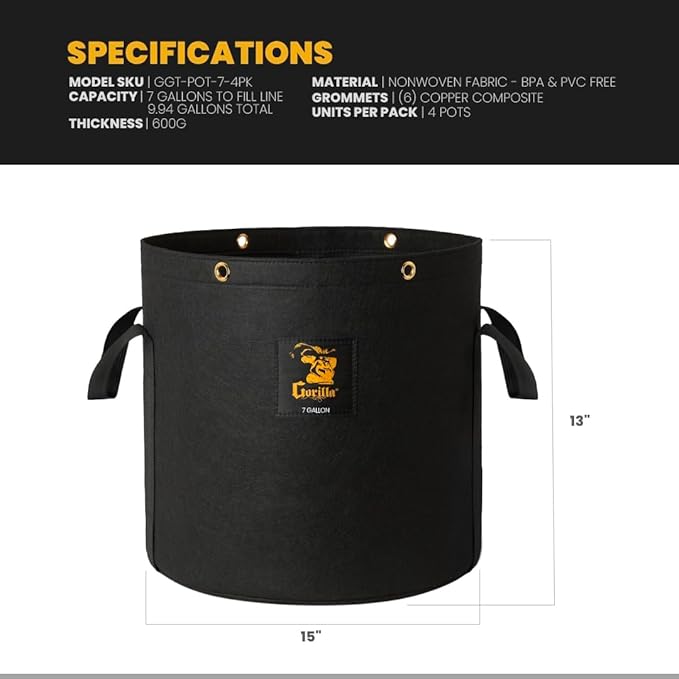 Gorilla 7 Gallon Grow Bags, Toughest Reusable Fabric Pots, Tallest True Gallon Sizes with Biggest Volume, Thickest 600g Fabric PVC and BPA Free, Reinforced Handles & Metal Tie Down Grommets, Black