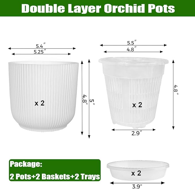 MUZHI 2 Layer Orchid Pot with Holes,Inner Clear Mesh Slotted Basket with Drain Tray 5.4”, Decorative Breathable Plastic Orchid Flower Pot for Indoor and Outdoor Phalaenopsis Growing Container White