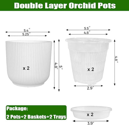 MUZHI 2 Layer Orchid Pot with Holes,Inner Clear Mesh Slotted Basket with Drain Tray 5.4”, Decorative Breathable Plastic Orchid Flower Pot for Indoor and Outdoor Phalaenopsis Growing Container White