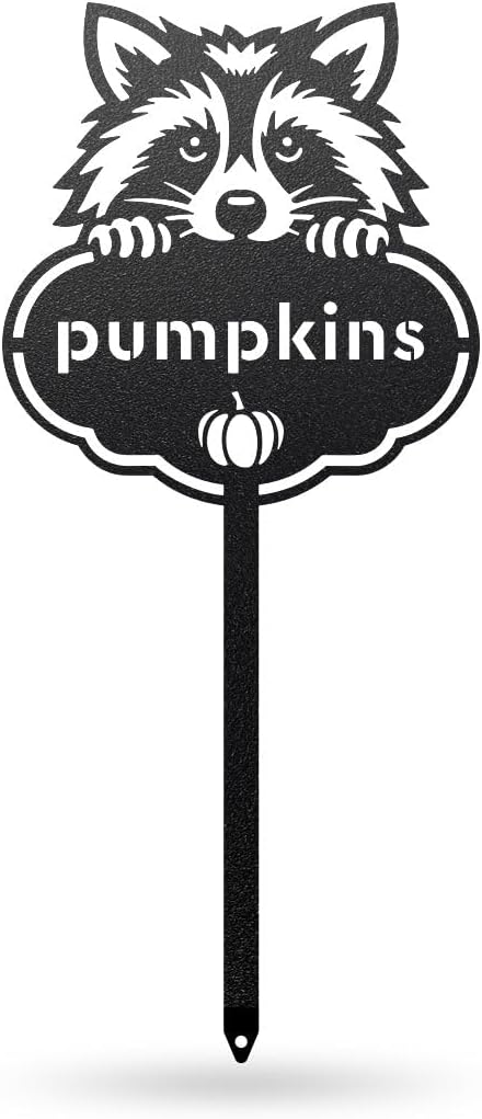 RealSteel Rocky The Raccoon Plant Markers – Cute Metal Garden Labels for Herbs & Vegetables | Outdoor Steel Plant Stakes for Garden, Greenhouse & Raised Beds | Gardening Gift | USA (PUMPKINS-B-6X13)