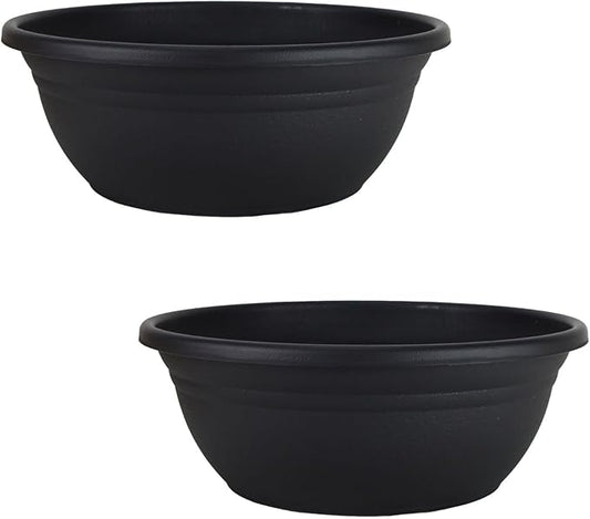 The HC Companies Mojave Garden Bowl Planter for Flowers - Shallow Planter with Drainage - Round Succulent Planter Pot for Indoors and Outdoors (12" Black, Pack of 2)