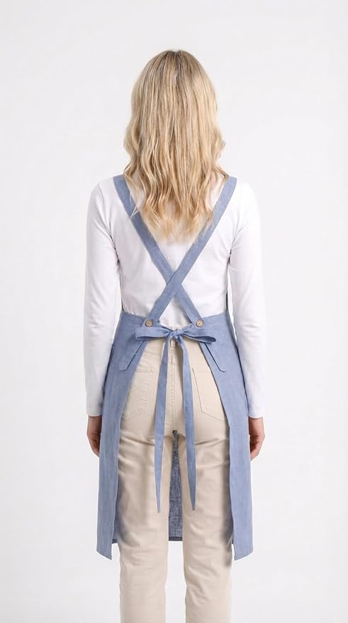 Pure Linen Cross Back Apron Dress, Adjustable Waist & 2 Pockets. Unisex Kitchen & Server Apron, 26.5"x33.5".