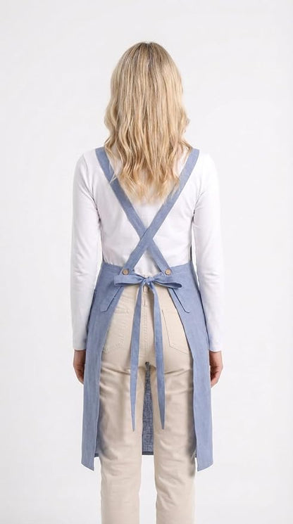 Pure Linen Cross Back Apron Dress, Adjustable Waist & 2 Pockets. Unisex Kitchen & Server Apron, 26.5"x33.5".