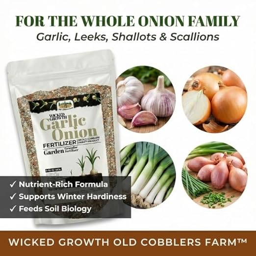 Old Cobblers Farm™ Wicked Growth Garlic + Onion Fertilizer–Nourishes Roots,Enhances Flavor, and Boosts Plant Health with Eco-friendly Slow-release Nutrients for Robust Growth (5/110/15/20 lbs) (20lbs)