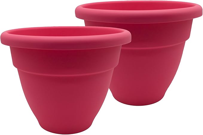 The HC Companies 10 Inch Caribbean Planter Pots with Drainage & Plug, Rolled Rim Plastic Planters for Indoor & Outdoor Plants, 2-Pack Decorative Flower Pots for Garden, Office & Home Decor, Pink Rose